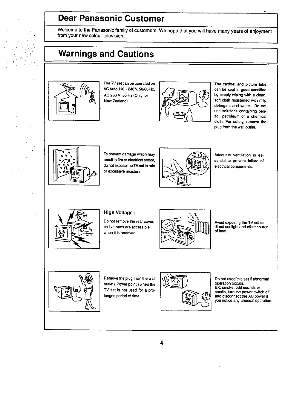 Dear panasonic customer, Warnings and cautions | Panasonic TC-29V50R User Manual | Page 4 / 28