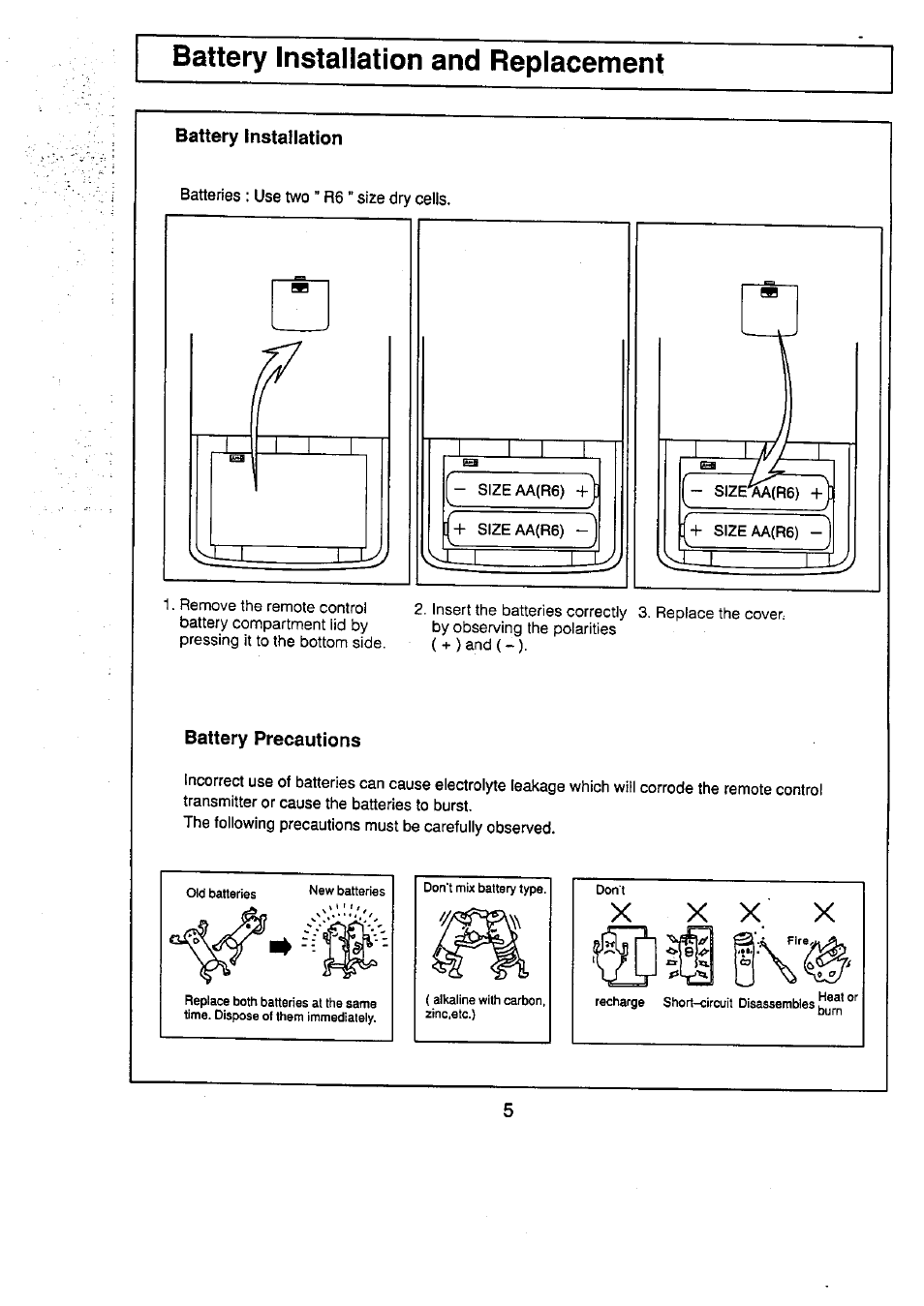 Battery installation and replacement, Battery installation, Battery precautions | Panasonic TC-29V50R User Manual | Page 5 / 28