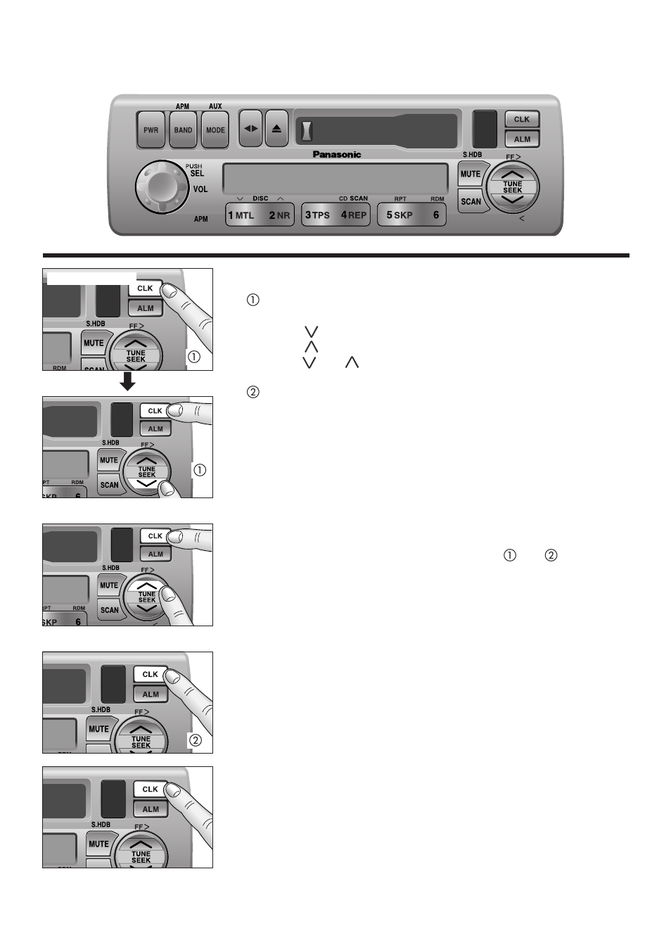 Clock basics, Initial time, Resetting the time | Selecting the clock display, The clock system is 12-hours.) | Panasonic CQ-4300U User Manual | Page 15 / 32