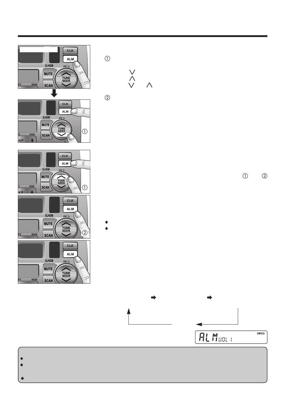 Clock basics, Alarm time setting, Resetting the alarm time | Alarm operation, Alarm output volume selection, Continued) | Panasonic CQ-4300U User Manual | Page 16 / 32