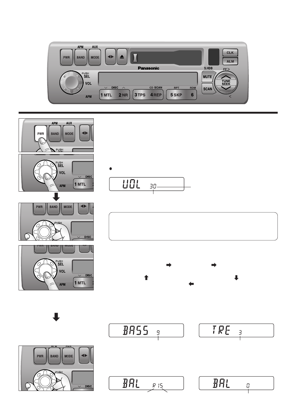 Power and sound controls, Power, Changing audio modes | Volume, Bass and treble, Balance | Panasonic CQ-4300U User Manual | Page 4 / 32