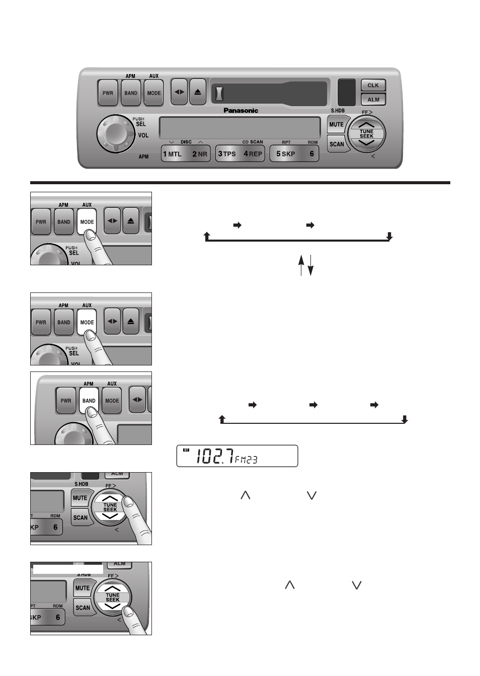 Radio basics, Mode selection, Selecting a band | Manual tuning, Seek tuning | Panasonic CQ-4300U User Manual | Page 6 / 32