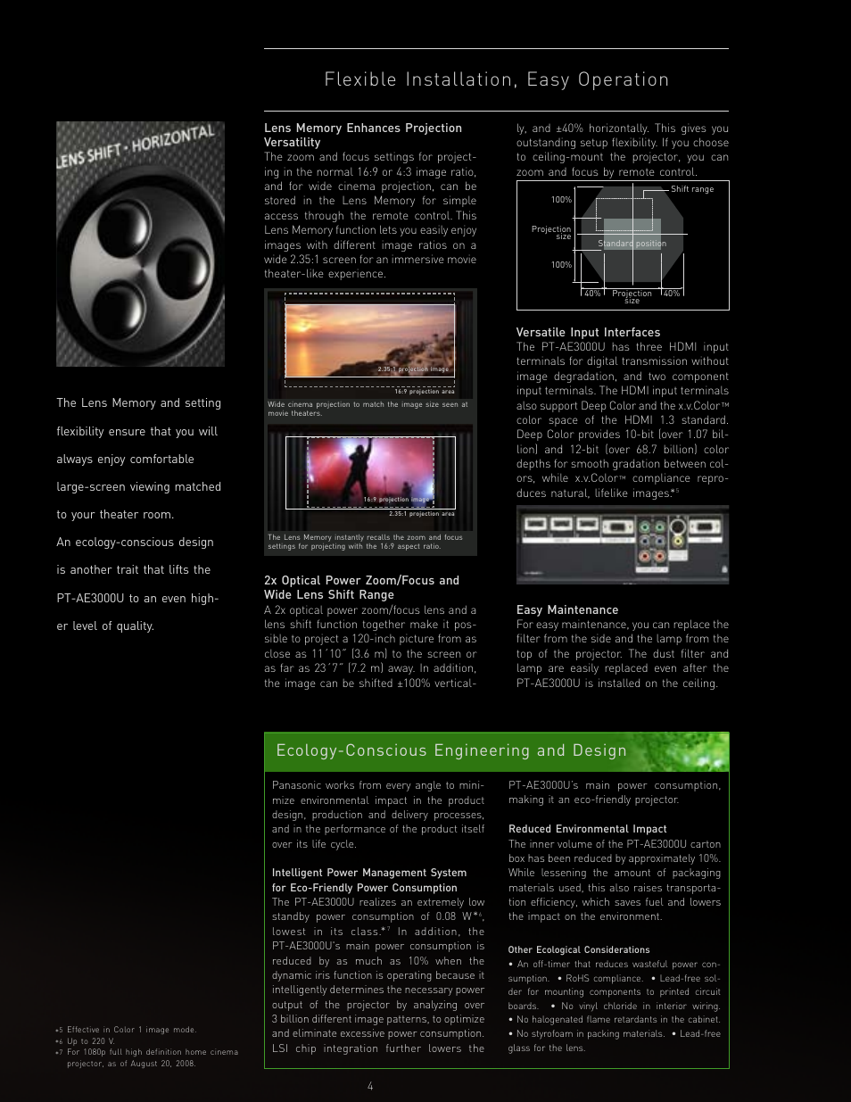 Flexible installation, easy operation, Ecology-conscious engineering and design | Panasonic PT-AE3000U User Manual | Page 5 / 6