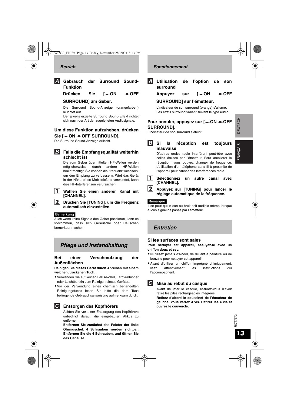 Pflege und instandhaltung, Entretien | Panasonic RP WF930 User Manual | Page 13 / 76