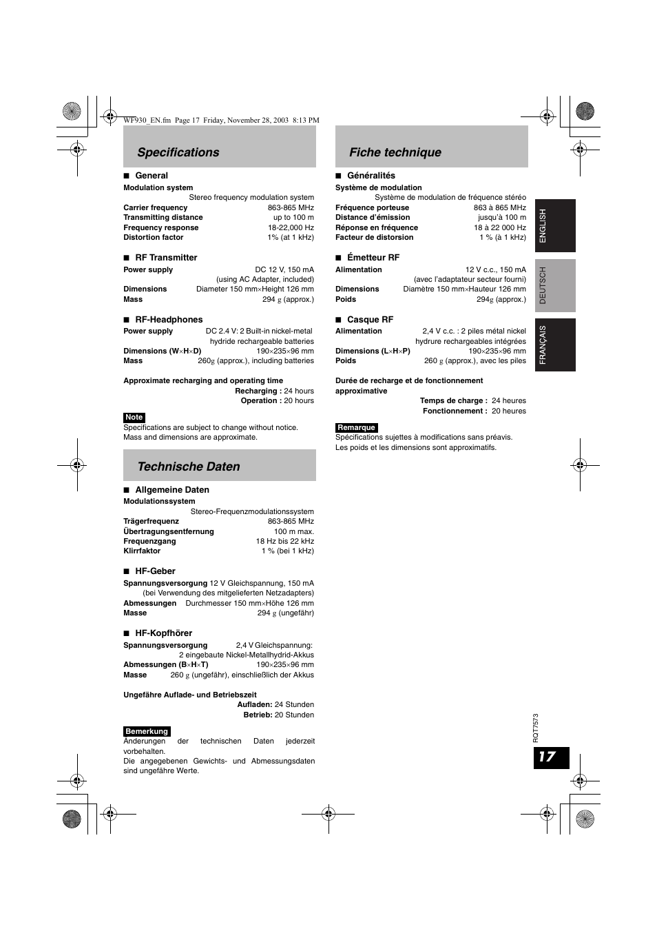 Specifications, Technische daten, Fiche technique | Panasonic RP WF930 User Manual | Page 17 / 76