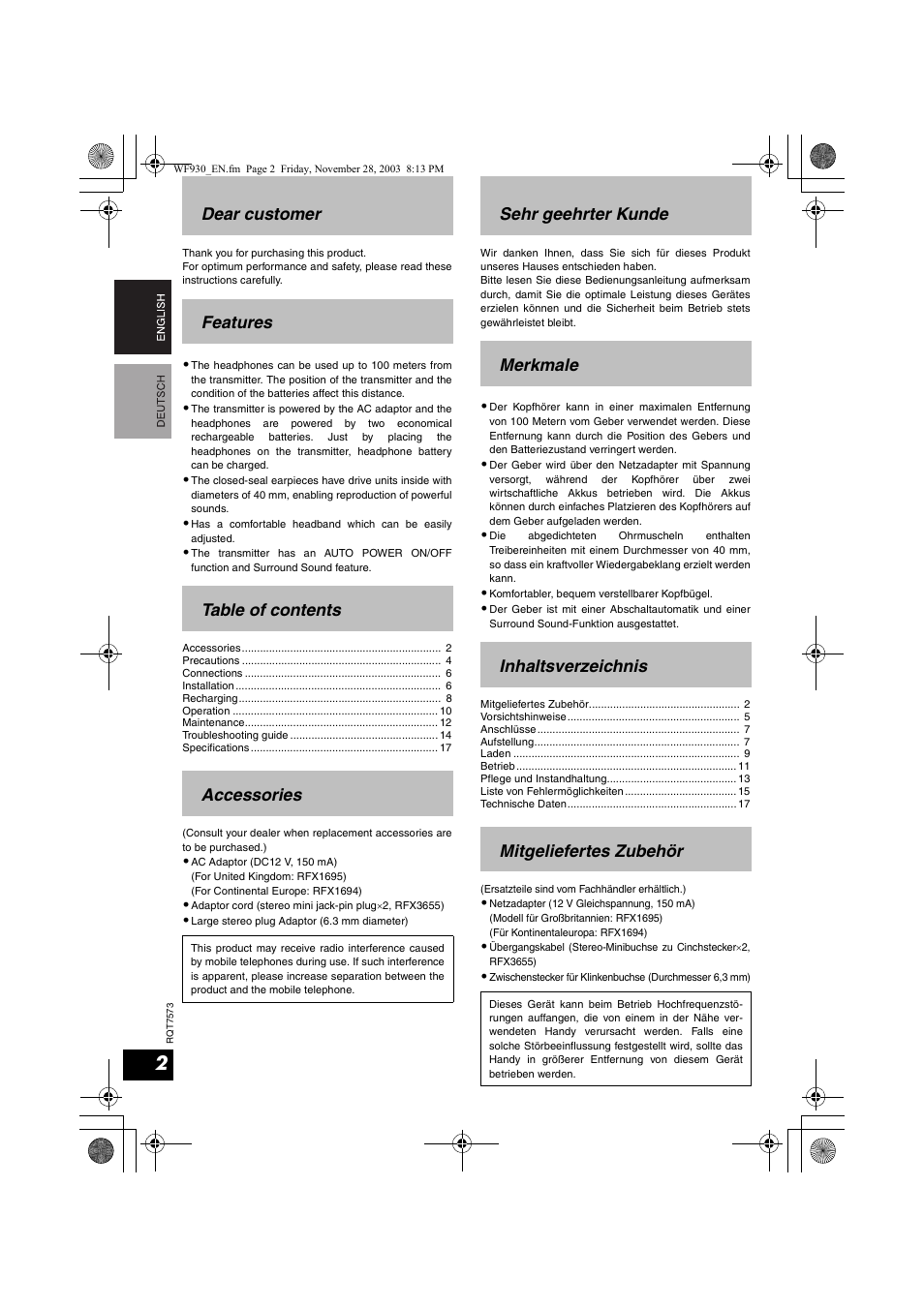 Panasonic RP WF930 User Manual | Page 2 / 76