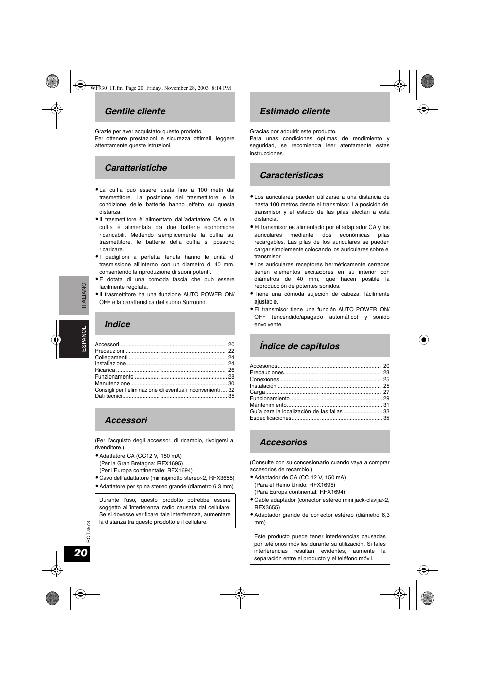 Gentile cliente caratteristiche indice accessori | Panasonic RP WF930 User Manual | Page 20 / 76