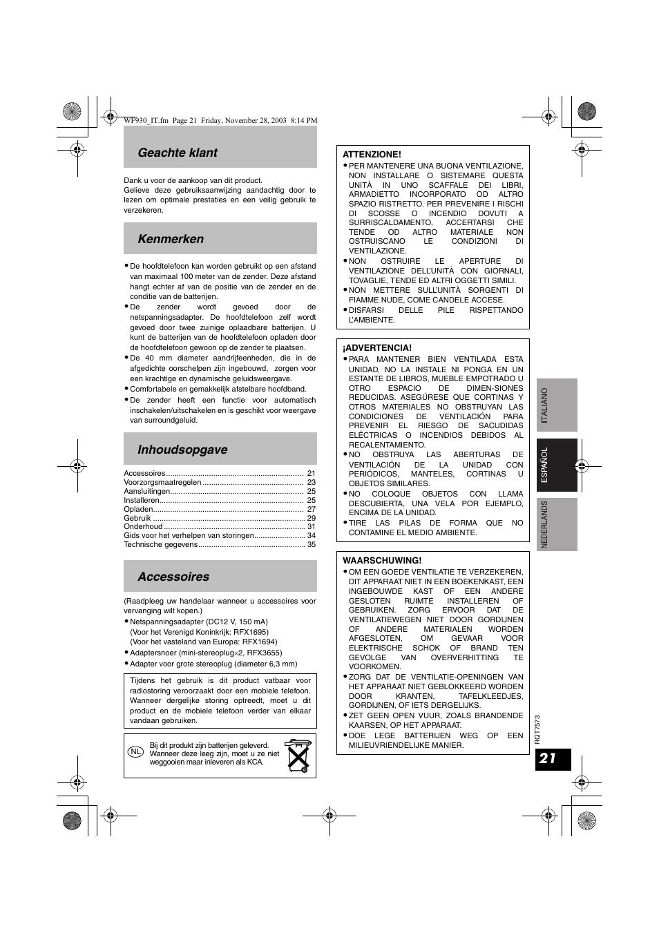 Geachte klant kenmerken inhoudsopgave accessoires | Panasonic RP WF930 User Manual | Page 21 / 76