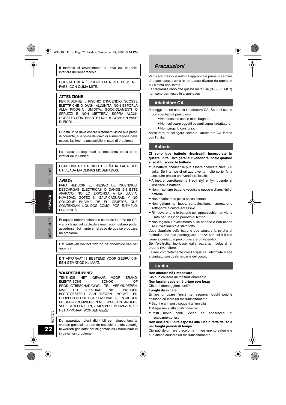 Precauzioni | Panasonic RP WF930 User Manual | Page 22 / 76