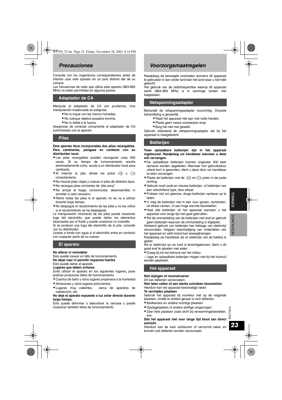 Precauciones, Voorzorgsmaatregelen | Panasonic RP WF930 User Manual | Page 23 / 76