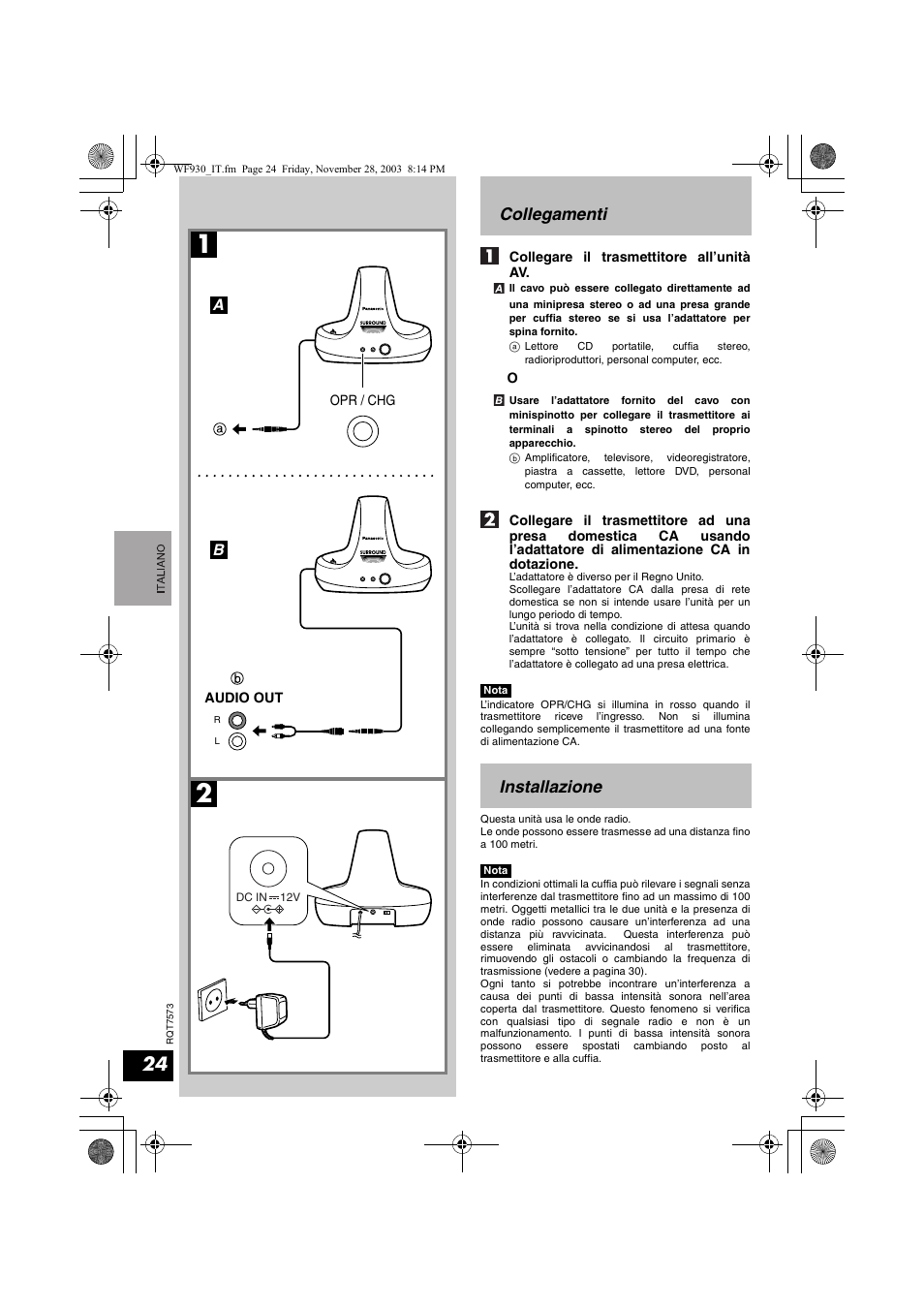 Collegamenti, Installazione | Panasonic RP WF930 User Manual | Page 24 / 76