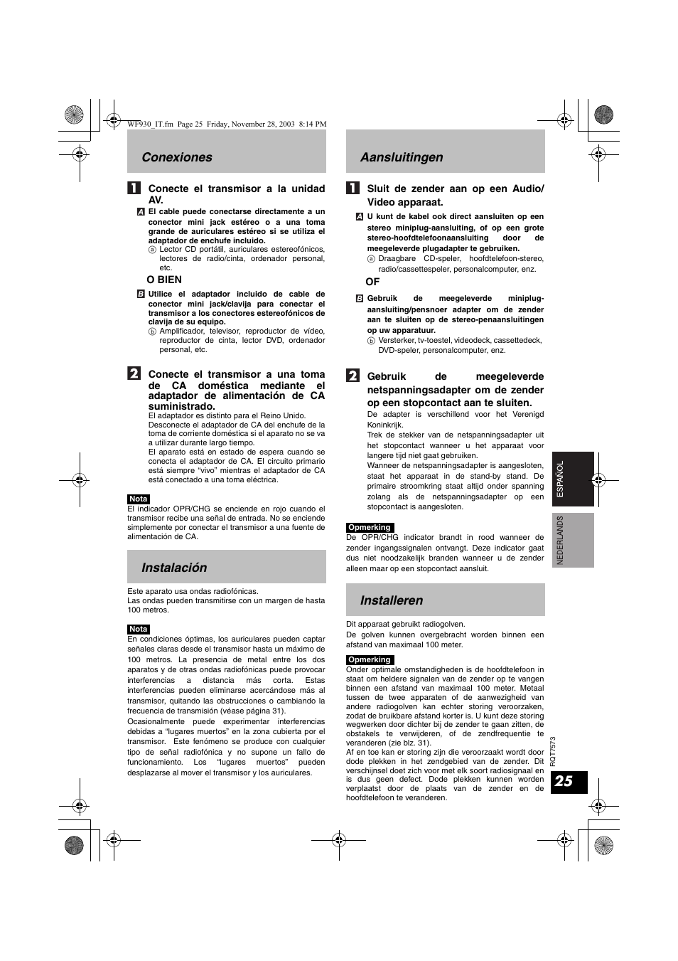 Conexiones, Instalación, Aansluitingen | Installeren | Panasonic RP WF930 User Manual | Page 25 / 76