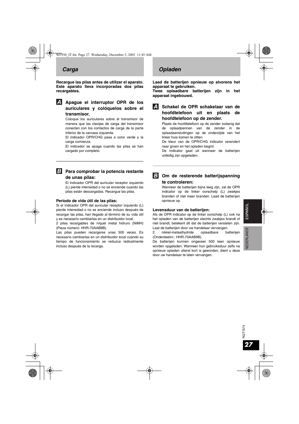 Carga opladen | Panasonic RP WF930 User Manual | Page 27 / 76