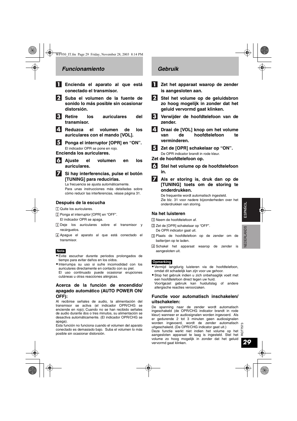 Funcionamiento, Gebruik | Panasonic RP WF930 User Manual | Page 29 / 76