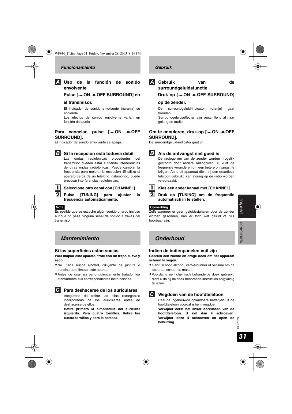 Mantenimiento, Onderhoud | Panasonic RP WF930 User Manual | Page 31 / 76