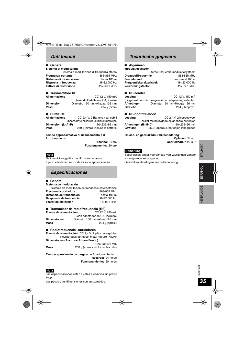 Dati tecnici, Especificaciones, Technische gegevens | Panasonic RP WF930 User Manual | Page 35 / 76