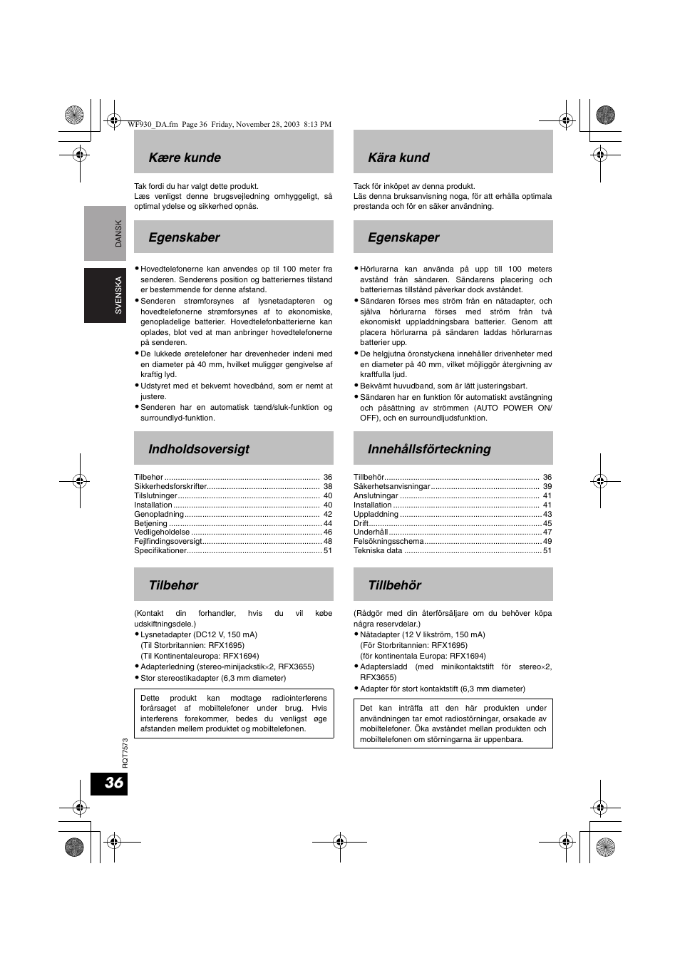 Kære kunde egenskaber indholdsoversigt tilbehør | Panasonic RP WF930 User Manual | Page 36 / 76