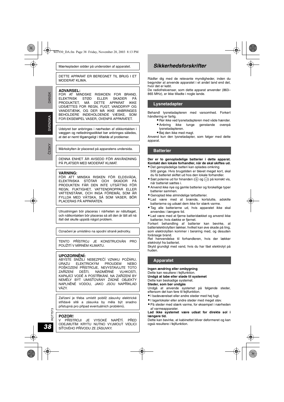 Sikkerhedsforskrifter | Panasonic RP WF930 User Manual | Page 38 / 76