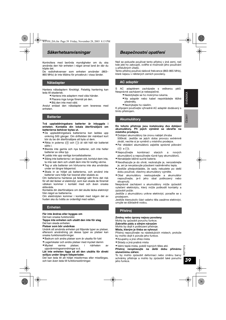 Säkerhetsanvisningar, Bezpečnostní opatření | Panasonic RP WF930 User Manual | Page 39 / 76