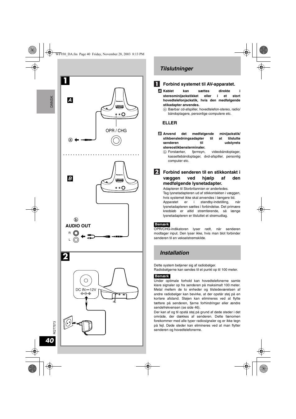 Tilslutninger, Installation | Panasonic RP WF930 User Manual | Page 40 / 76