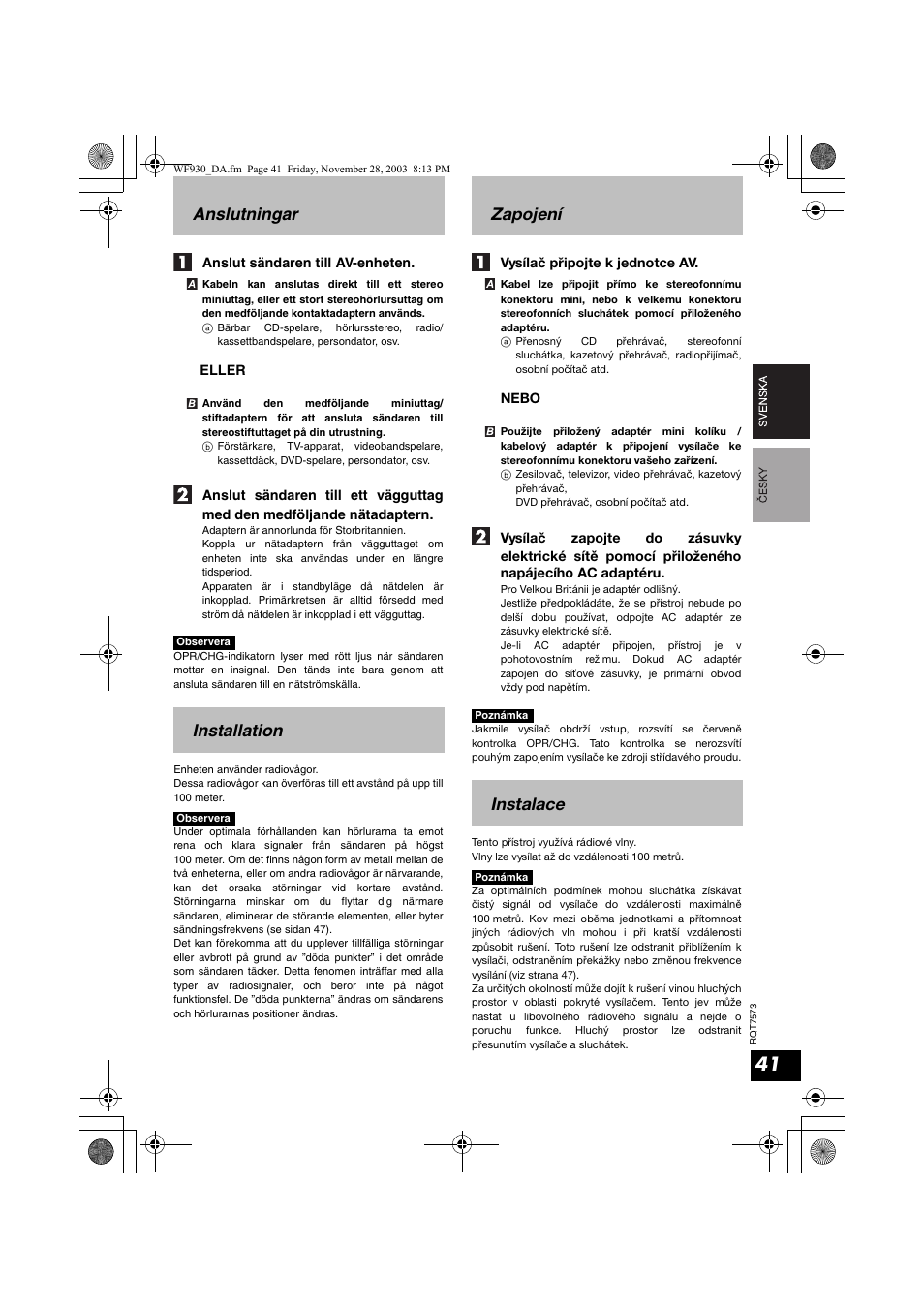 Anslutningar, Installation, Zapojení | Instalace | Panasonic RP WF930 User Manual | Page 41 / 76