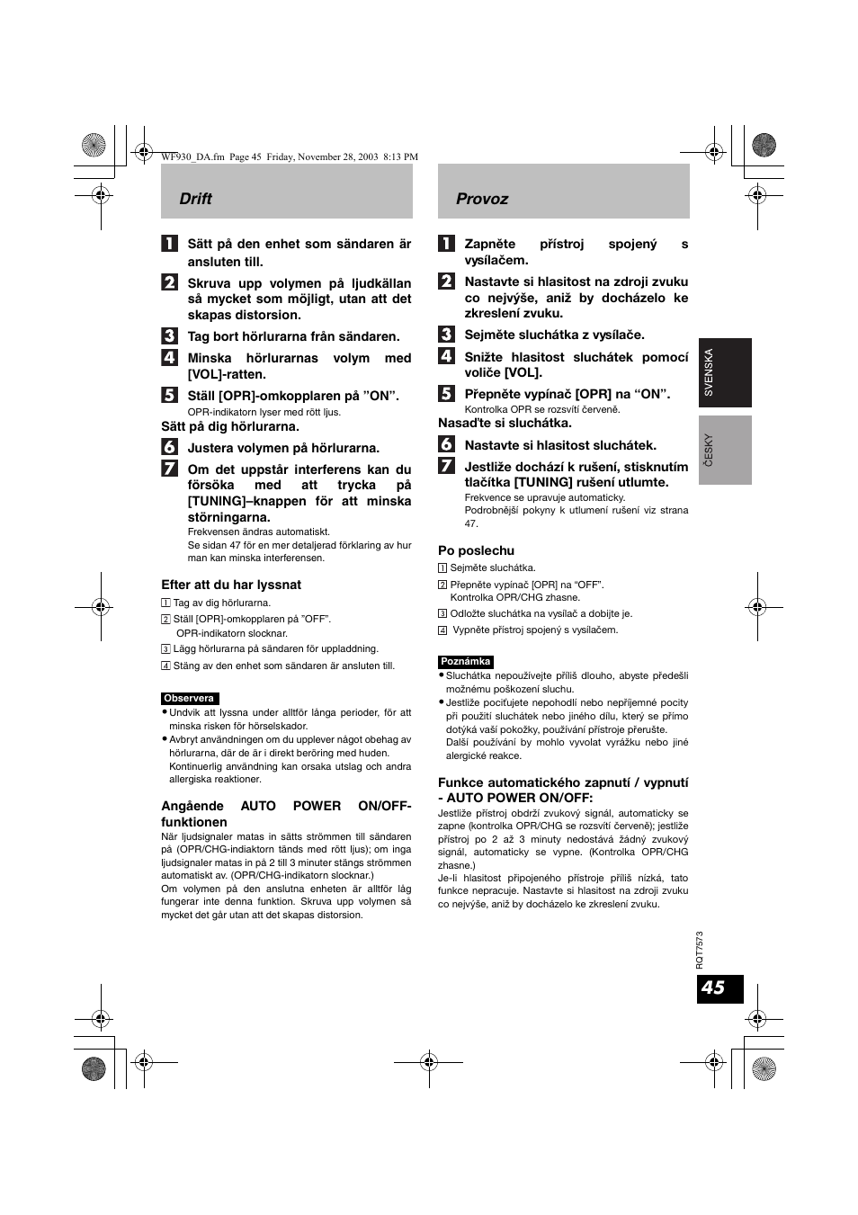 Drift, Provoz | Panasonic RP WF930 User Manual | Page 45 / 76