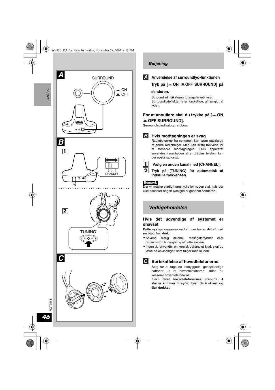 Ab c, Vedligeholdelse | Panasonic RP WF930 User Manual | Page 46 / 76