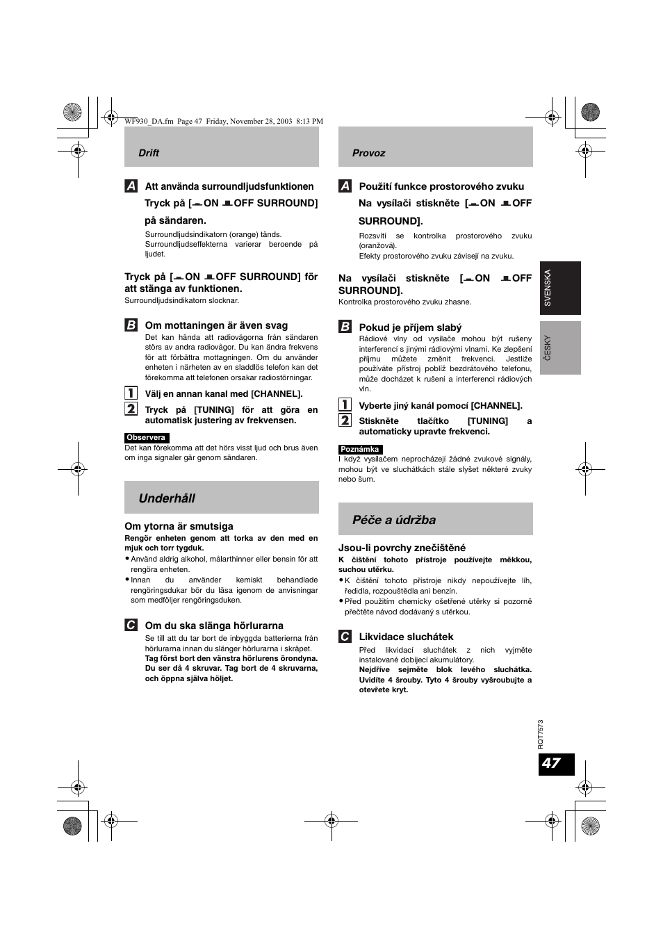 Underhåll, Péče a údržba | Panasonic RP WF930 User Manual | Page 47 / 76