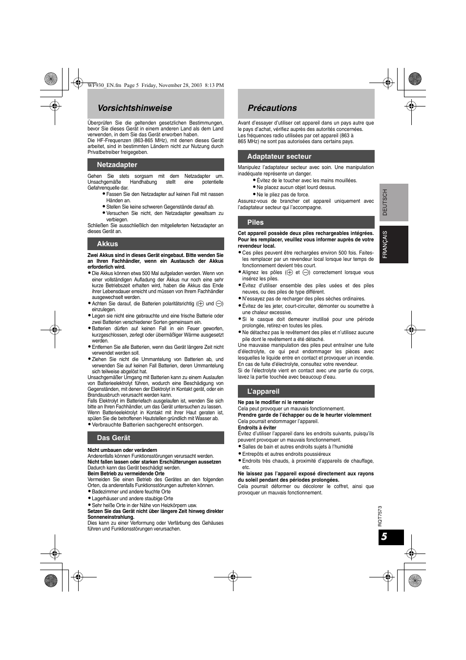 Vorsichtshinweise, Précautions | Panasonic RP WF930 User Manual | Page 5 / 76