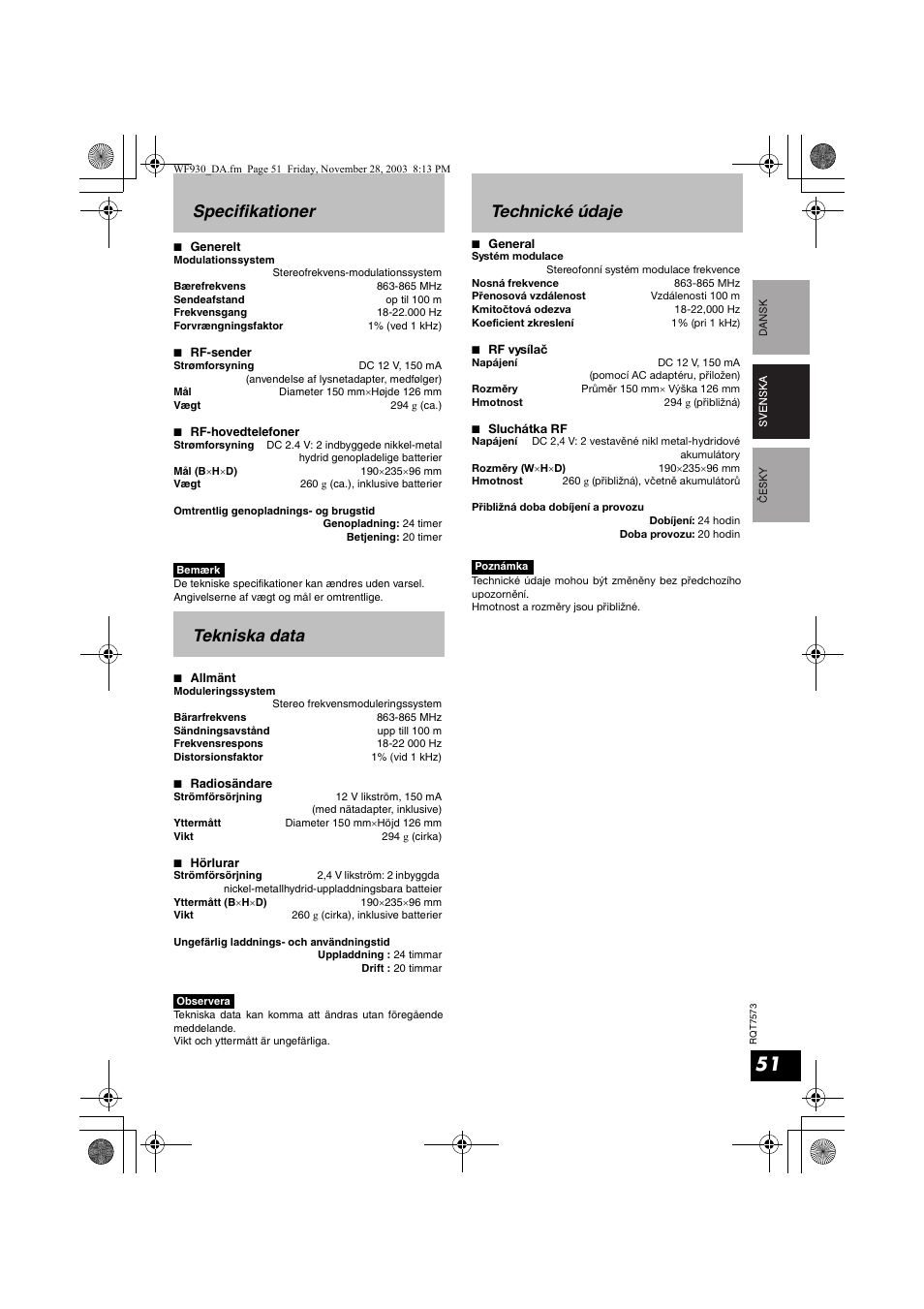 Specifikationer, Tekniska data, Technické údaje | Panasonic RP WF930 User Manual | Page 51 / 76