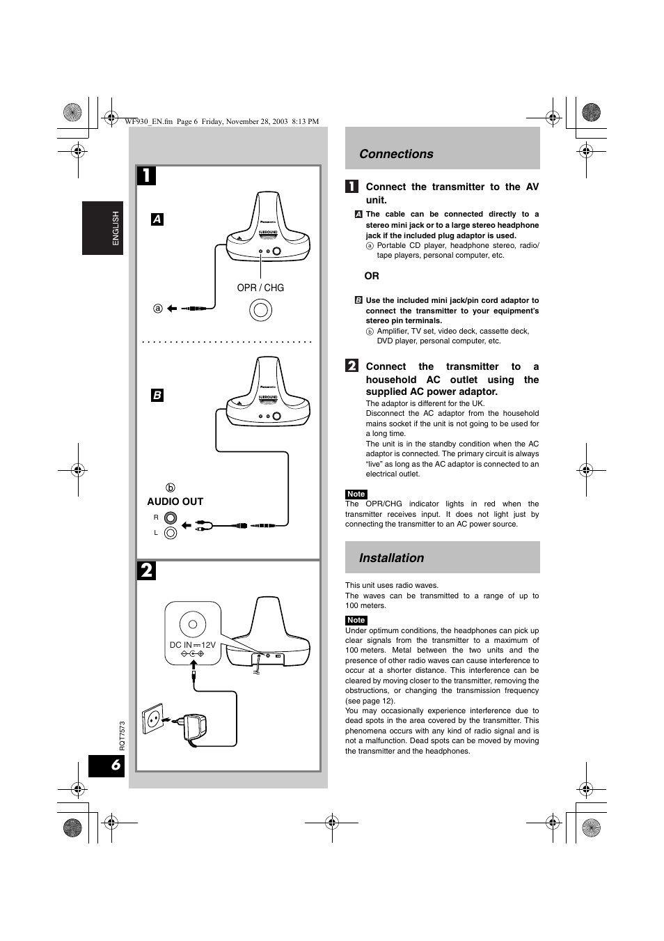 Connections, Installation | Panasonic RP WF930 User Manual | Page 6 / 76