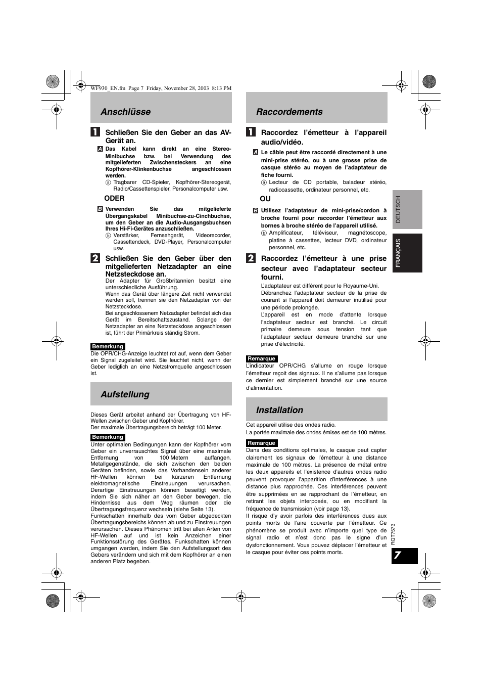 Anschlüsse, Aufstellung, Raccordements | Installation | Panasonic RP WF930 User Manual | Page 7 / 76