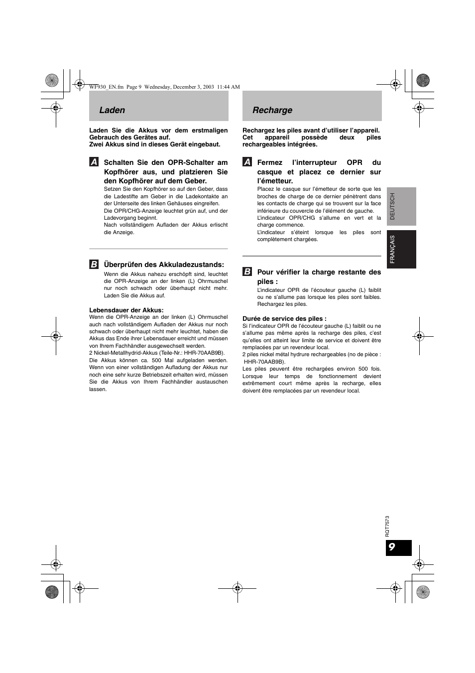 Laden recharge | Panasonic RP WF930 User Manual | Page 9 / 76