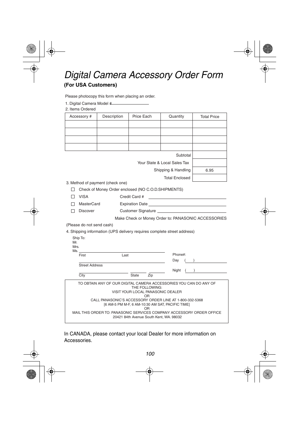 Digital camera accessory order form | Panasonic DMC-FZ1PP User Manual | Page 100 / 108