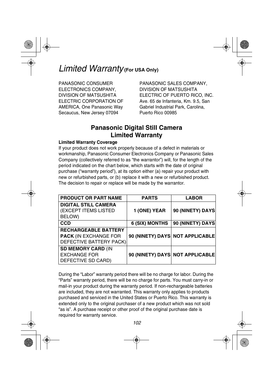 Limited warranty, Panasonic digital still camera limited warranty | Panasonic DMC-FZ1PP User Manual | Page 102 / 108