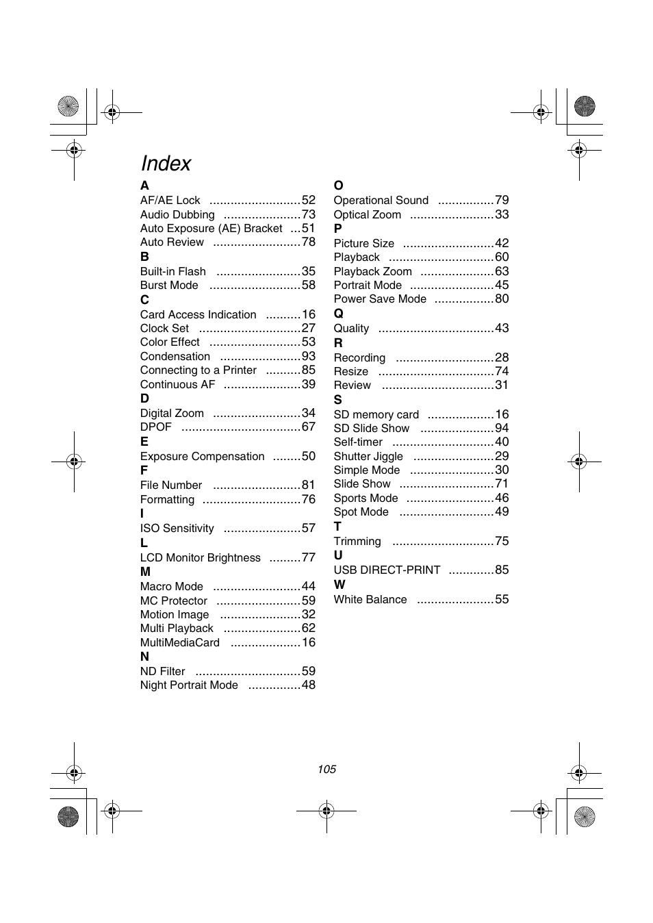 Index | Panasonic DMC-FZ1PP User Manual | Page 105 / 108