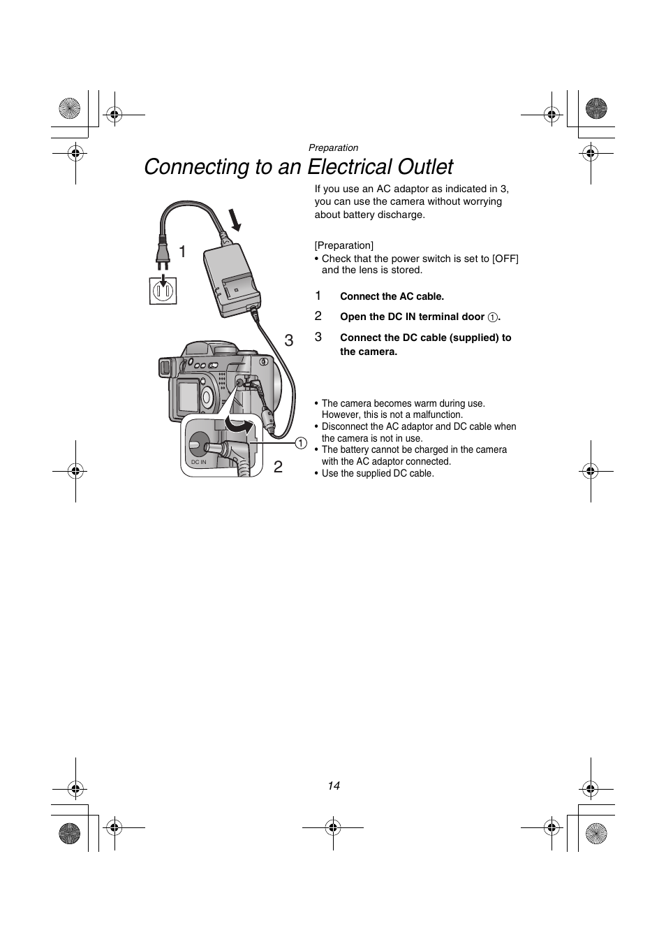 Connecting to an electrical outlet | Panasonic DMC-FZ1PP User Manual | Page 14 / 108