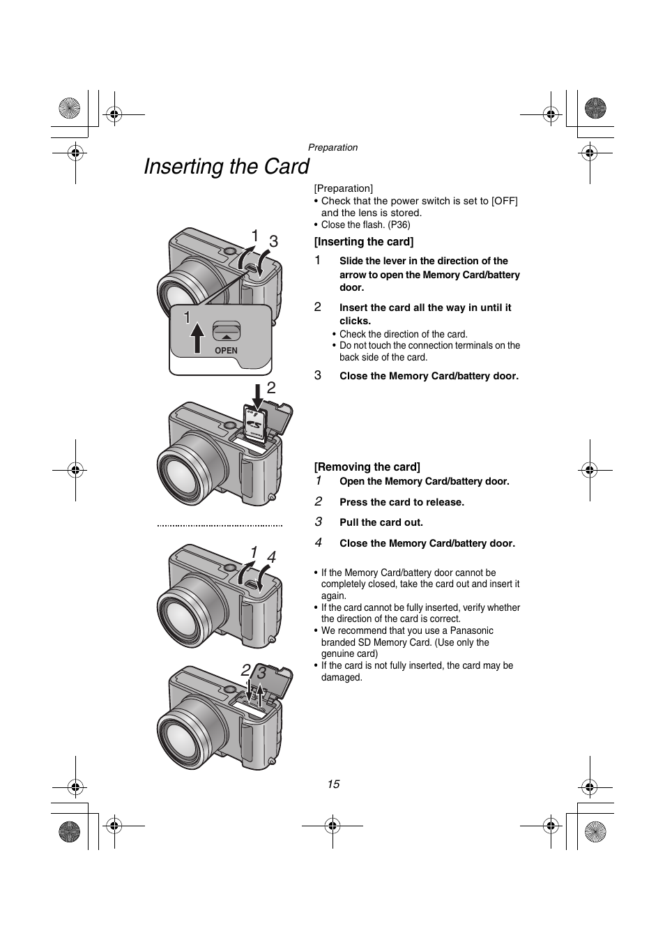 Inserting the card | Panasonic DMC-FZ1PP User Manual | Page 15 / 108