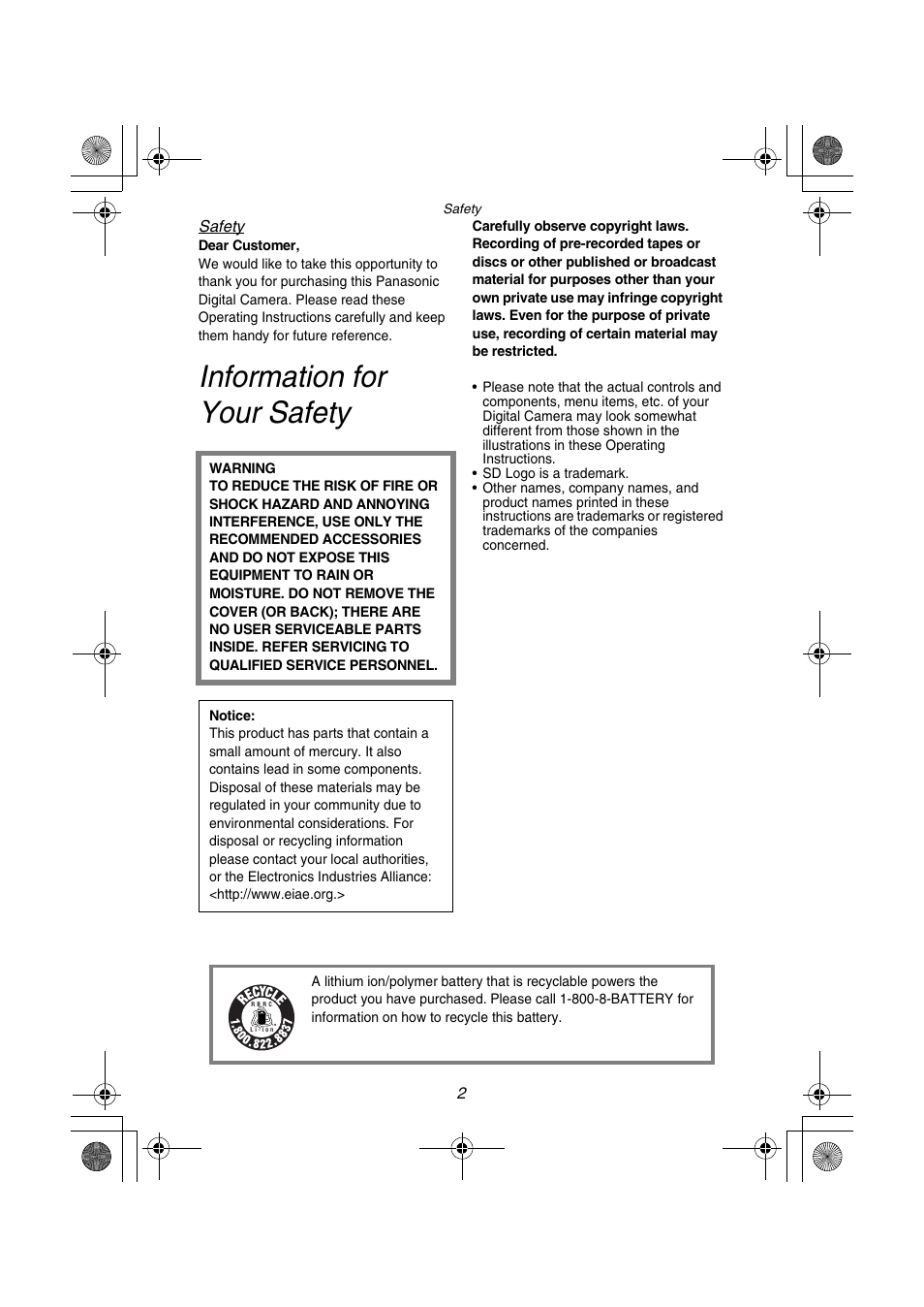 Information for your safety | Panasonic DMC-FZ1PP User Manual | Page 2 / 108