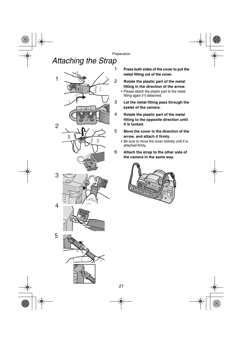 Attaching the strap | Panasonic DMC-FZ1PP User Manual | Page 21 / 108