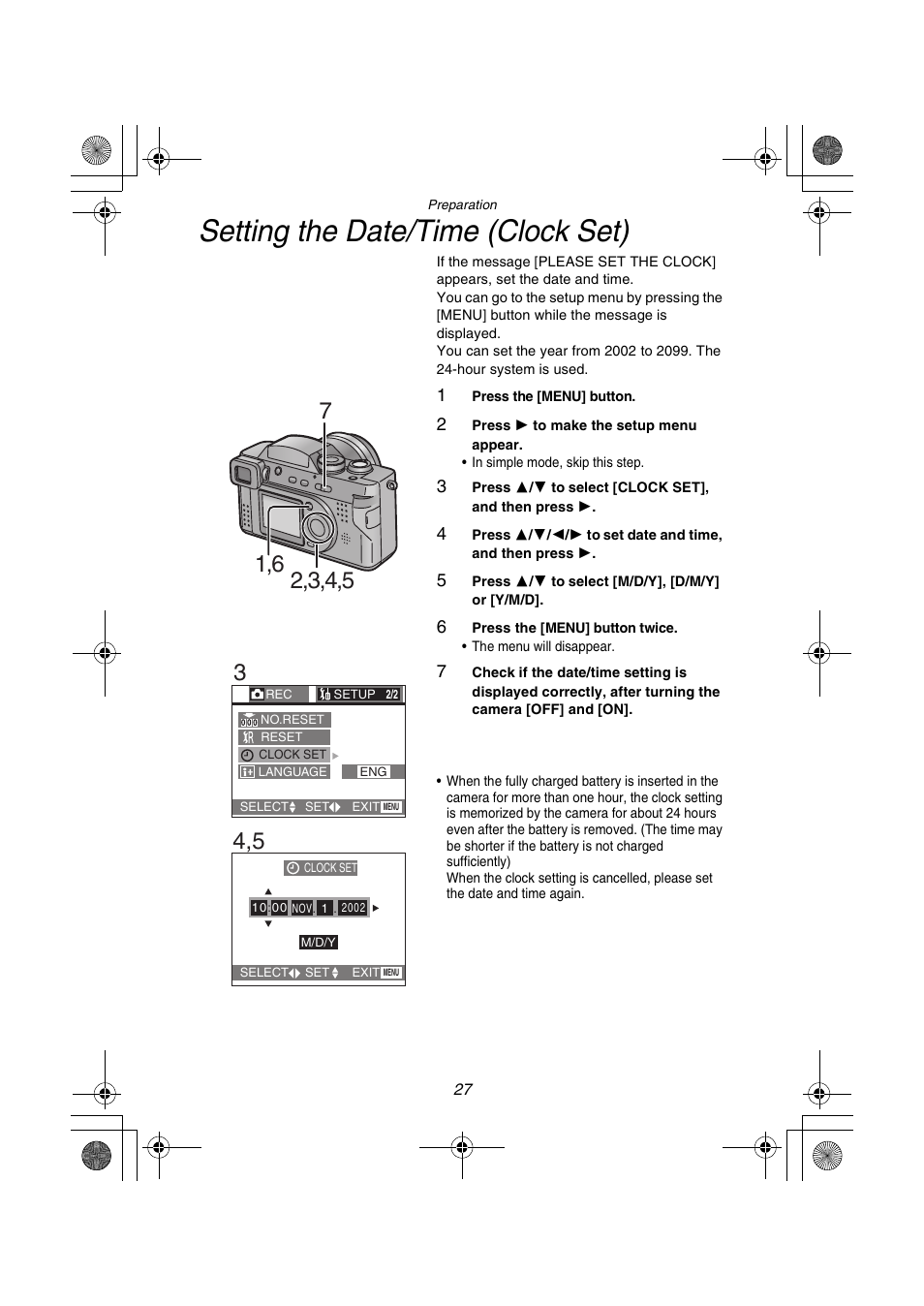 Setting the date/time (clock set) | Panasonic DMC-FZ1PP User Manual | Page 27 / 108