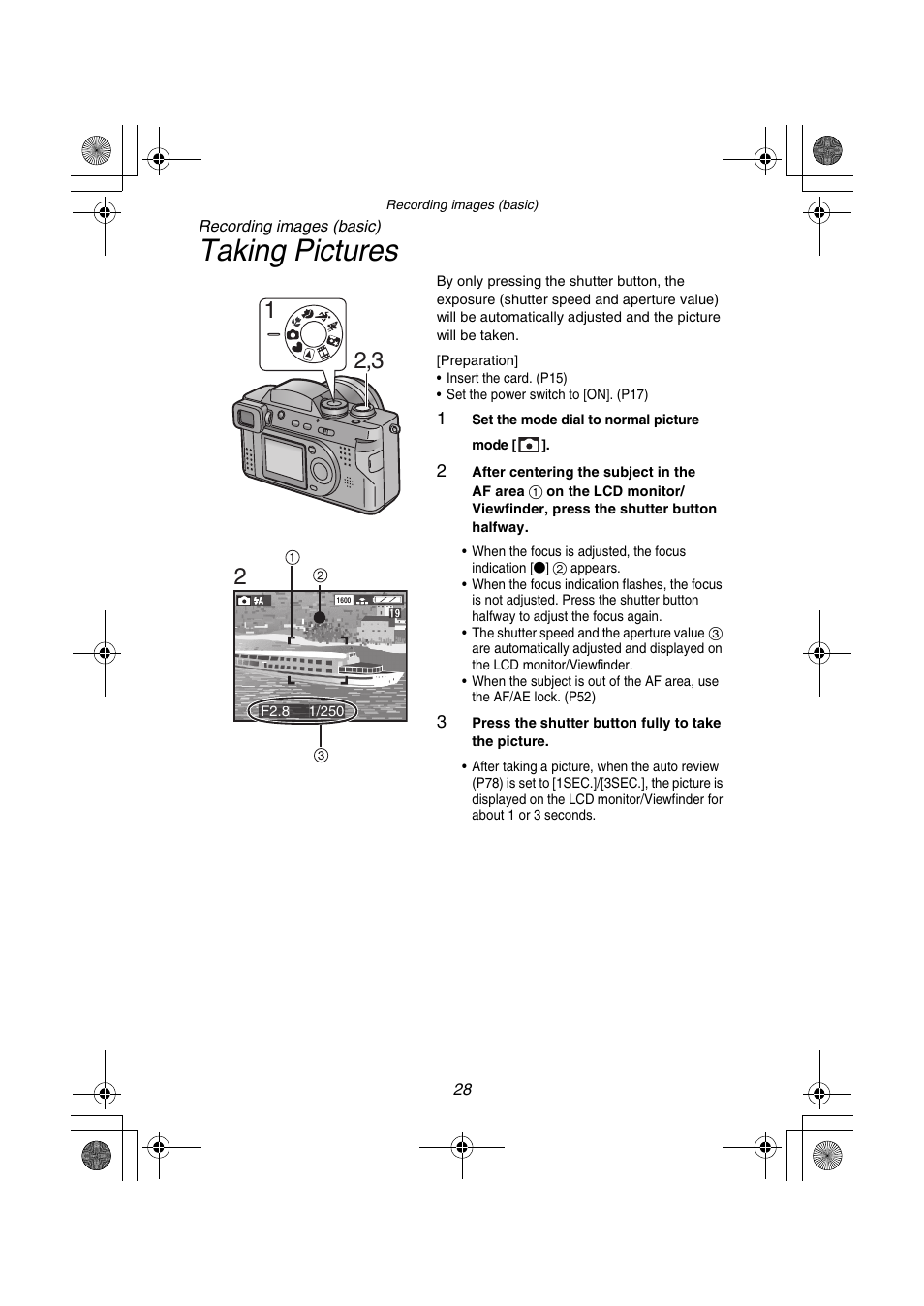 Taking pictures | Panasonic DMC-FZ1PP User Manual | Page 28 / 108