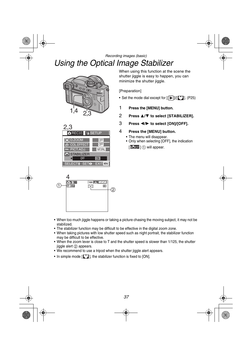 Using the optical image stabilizer | Panasonic DMC-FZ1PP User Manual | Page 37 / 108