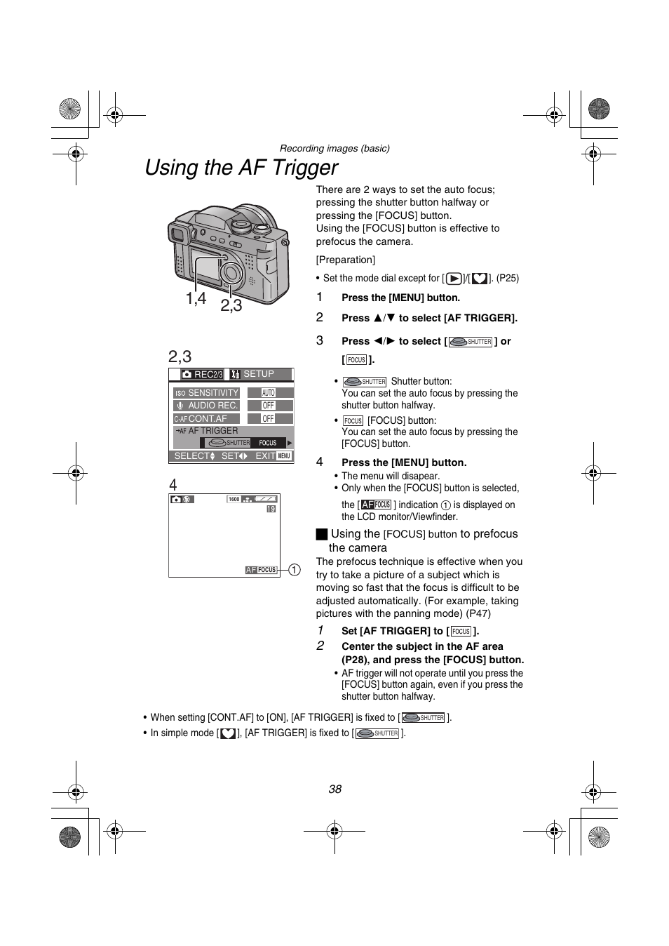 Using the af trigger | Panasonic DMC-FZ1PP User Manual | Page 38 / 108