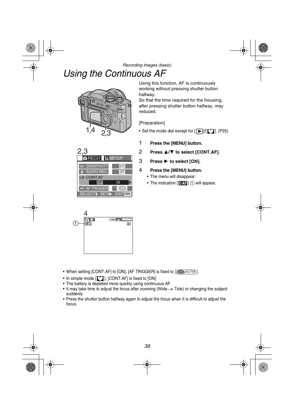 Using the continuous af | Panasonic DMC-FZ1PP User Manual | Page 39 / 108