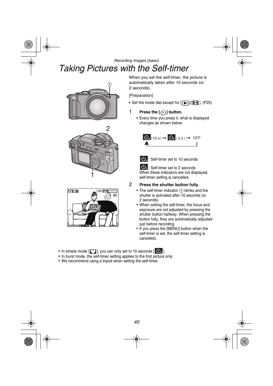 Taking pictures with the self-timer | Panasonic DMC-FZ1PP User Manual | Page 40 / 108