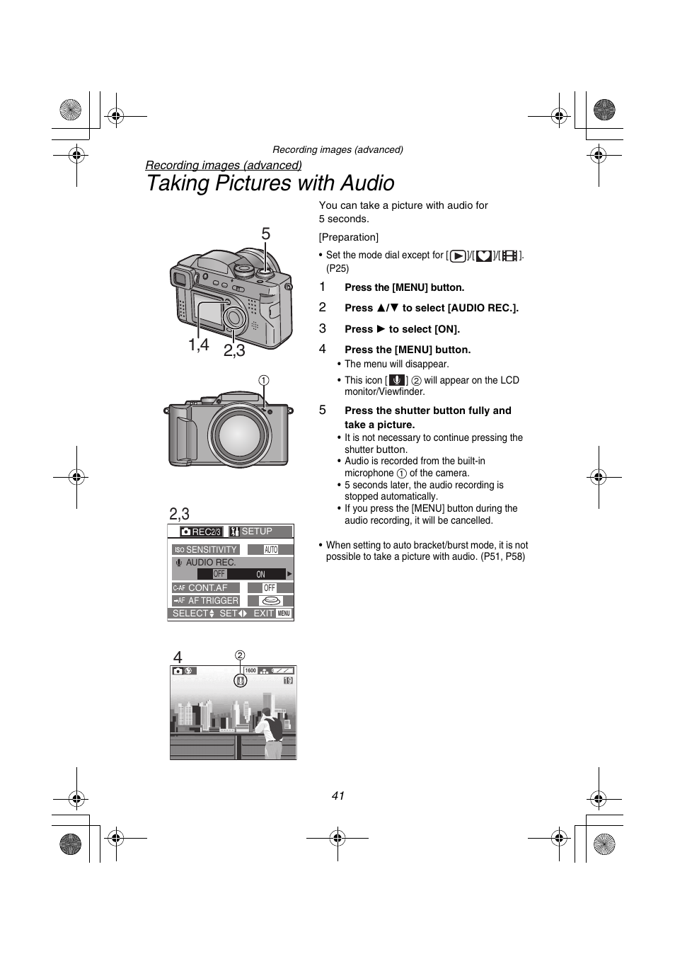 Taking pictures with audio | Panasonic DMC-FZ1PP User Manual | Page 41 / 108