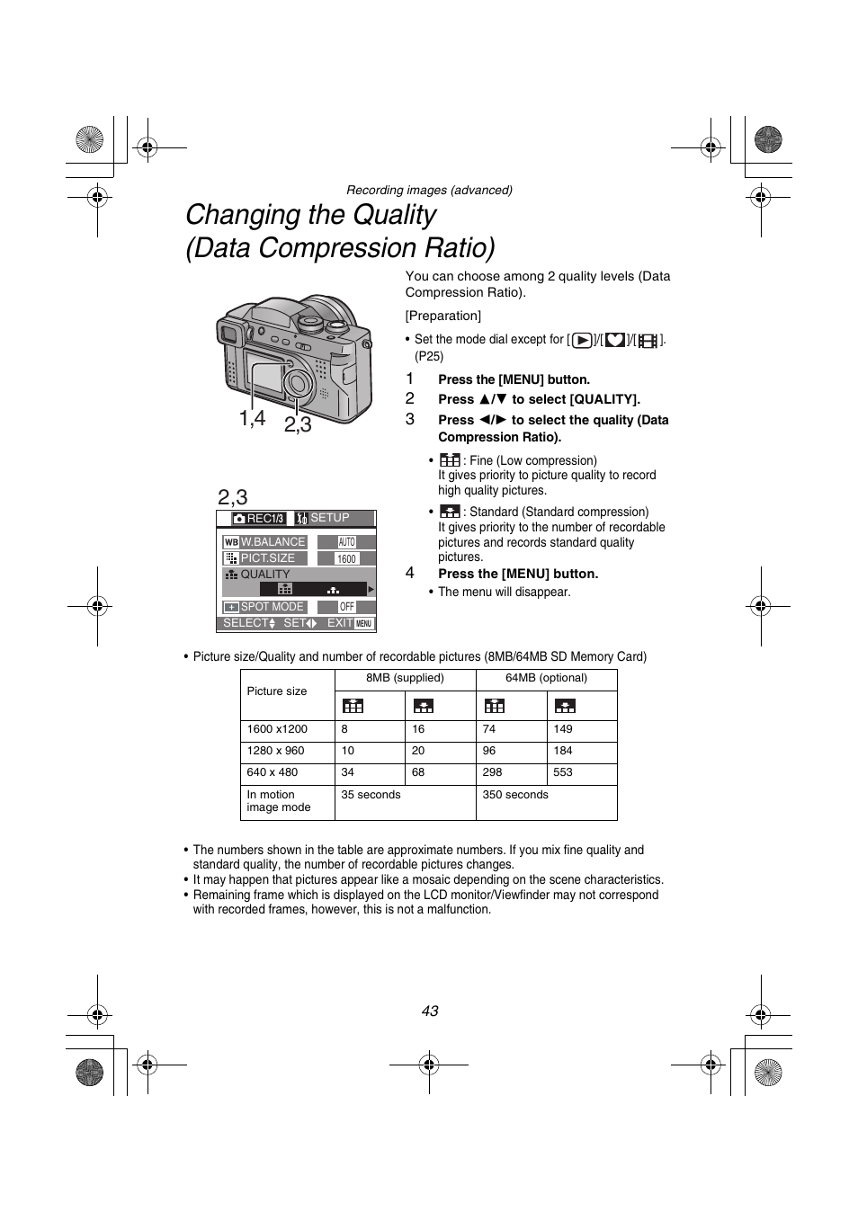 Changing the quality (data compression ratio) | Panasonic DMC-FZ1PP User Manual | Page 43 / 108