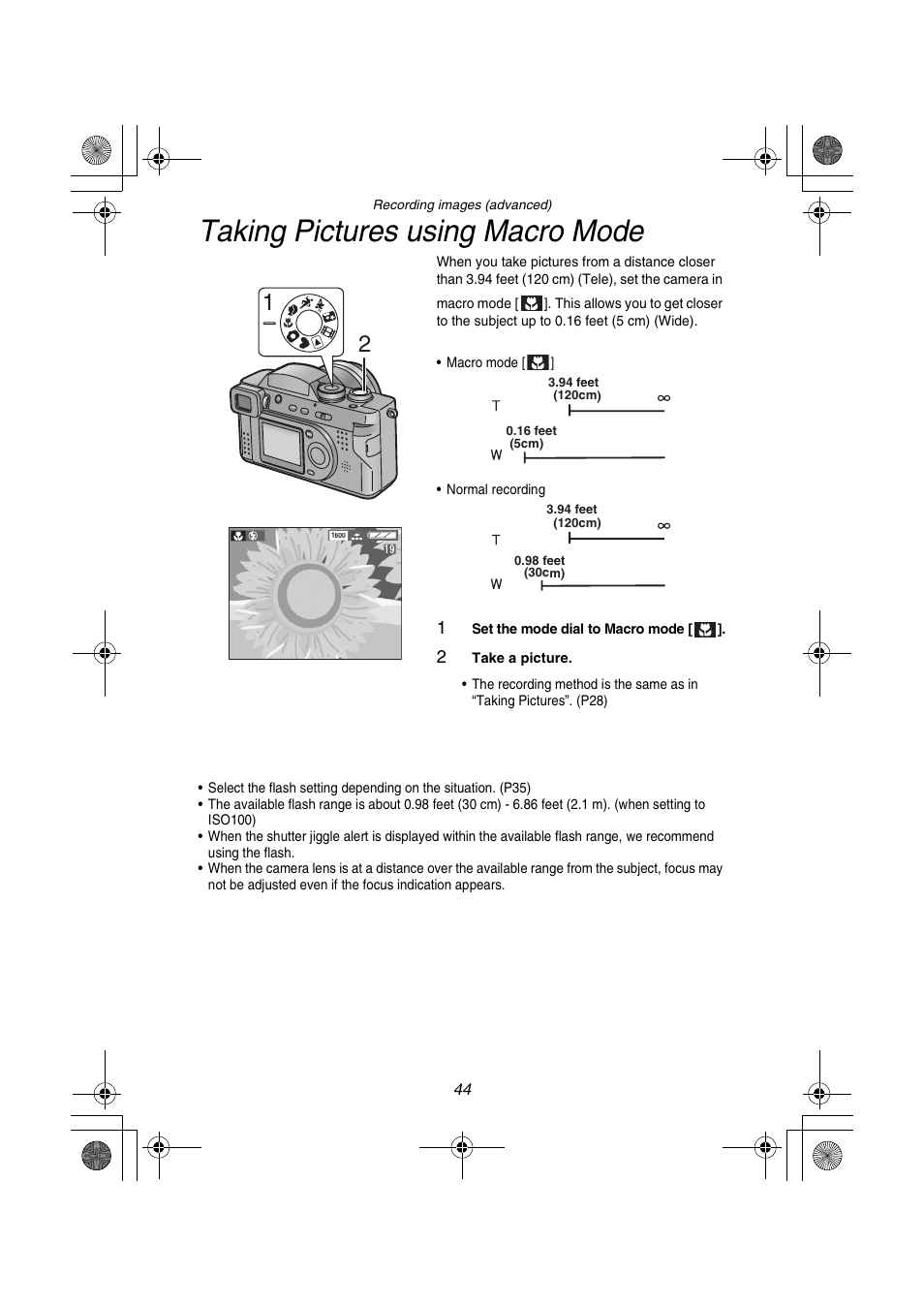 Taking pictures using macro mode | Panasonic DMC-FZ1PP User Manual | Page 44 / 108