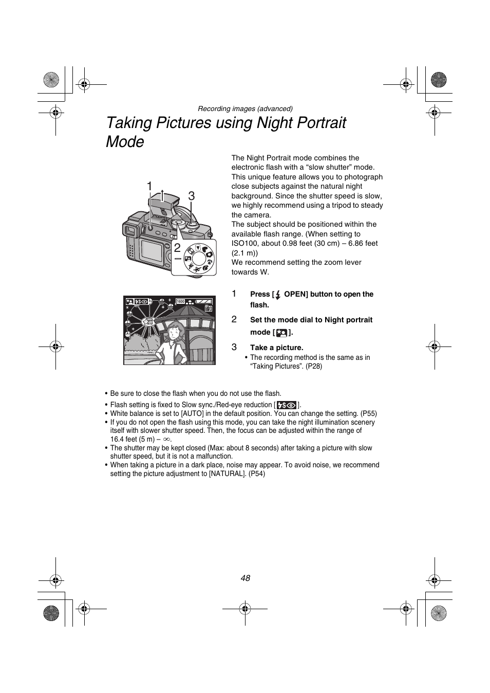 Taking pictures using night portrait mode | Panasonic DMC-FZ1PP User Manual | Page 48 / 108